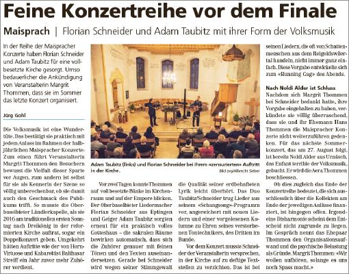 Artikel über das Konzert in Maisprach